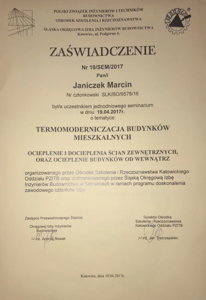 Certyfikat Marcin Janiczek - kierownik budowy